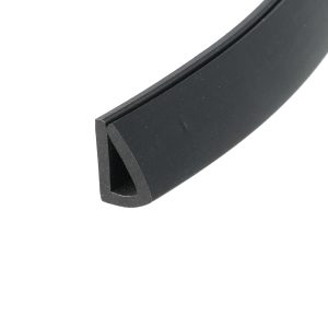 Close-up of a black metal rectangular channel with a narrow slot along its edge