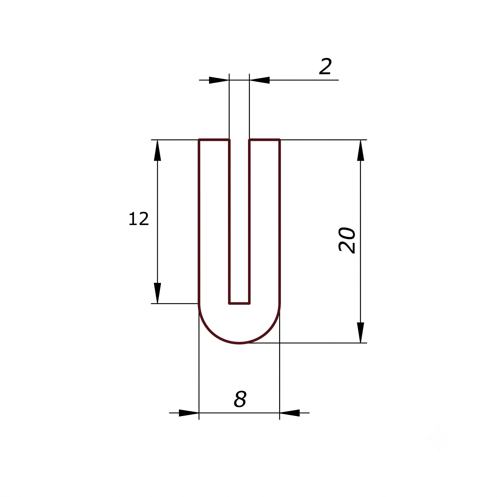 023020 - Centrum uszczelek U-shaped manometer with dark fluid in the legs; dimension lines show 12 on the left, 8 at the bottom, and 20 on the right, with a 2-unit top spacing.