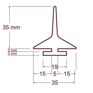 Dimensioned line drawing of a small mechanical part with vertical stem and forked base, showing multiple millimeter measurements (e.g., 35 mm width, 19 mm, 15 mm, 3 mm).