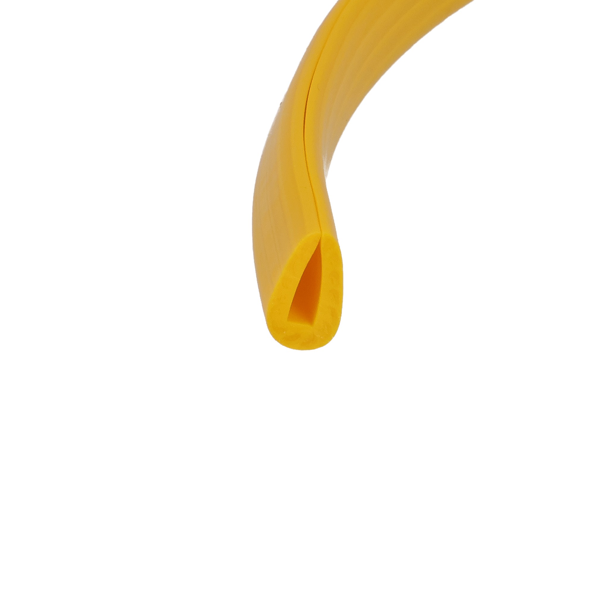 12-311-09_1100 - Centrum uszczelek Close-up of a bright yellow flexible loop or strap curling on a white background, showing layered edges and glossy finish.