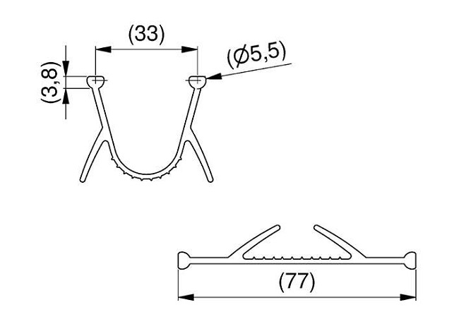 59-121 - Centrum uszczelek Technical drawing of a U-shaped spring clip with two mounting posts; overall width 77 mm, inner span 33 mm, post diameter 5.5 mm, leg height 3.8 mm, serrated inner curve.