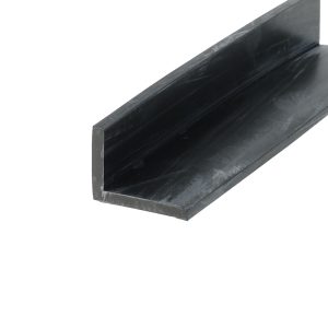 Close-up of a black metal rectangular hollow beam with a rough surface, angled in the frame.