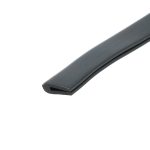 Close-up of a black windshield wiper blade against a white background, showing the rubber edge and curved tip