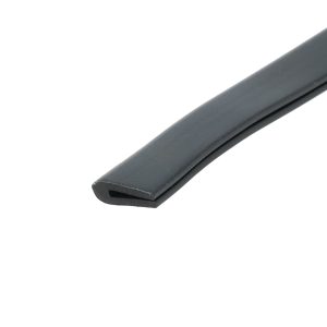 Close-up of a black windshield wiper blade against a white background, showing the rubber edge and curved tip