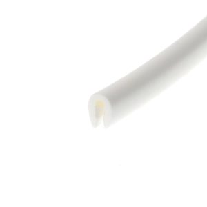 Close-up of a white rolled edge or tube against a white background with a subtle gray shadow on the right side.