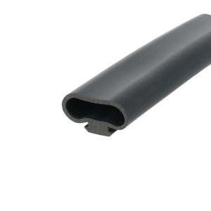 Close-up of a black rubber hose with a hollow circular opening seen from the end.