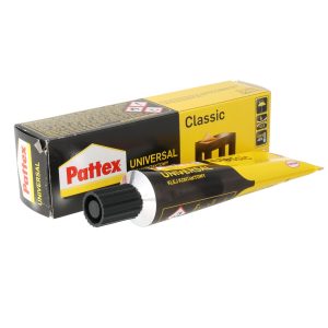 Yellow Pattex Universal adhesive box with a black tube, showing the Pattex logo and product labels on a white background image.