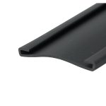 Close-up of a black metal rectangular hollow extrusion with a diagonal edge along a white backdrop.