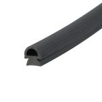 Close-up of a black rubber extrusion with a U-shaped hollow channel and ridged surface, likely a weatherstrip/door seal