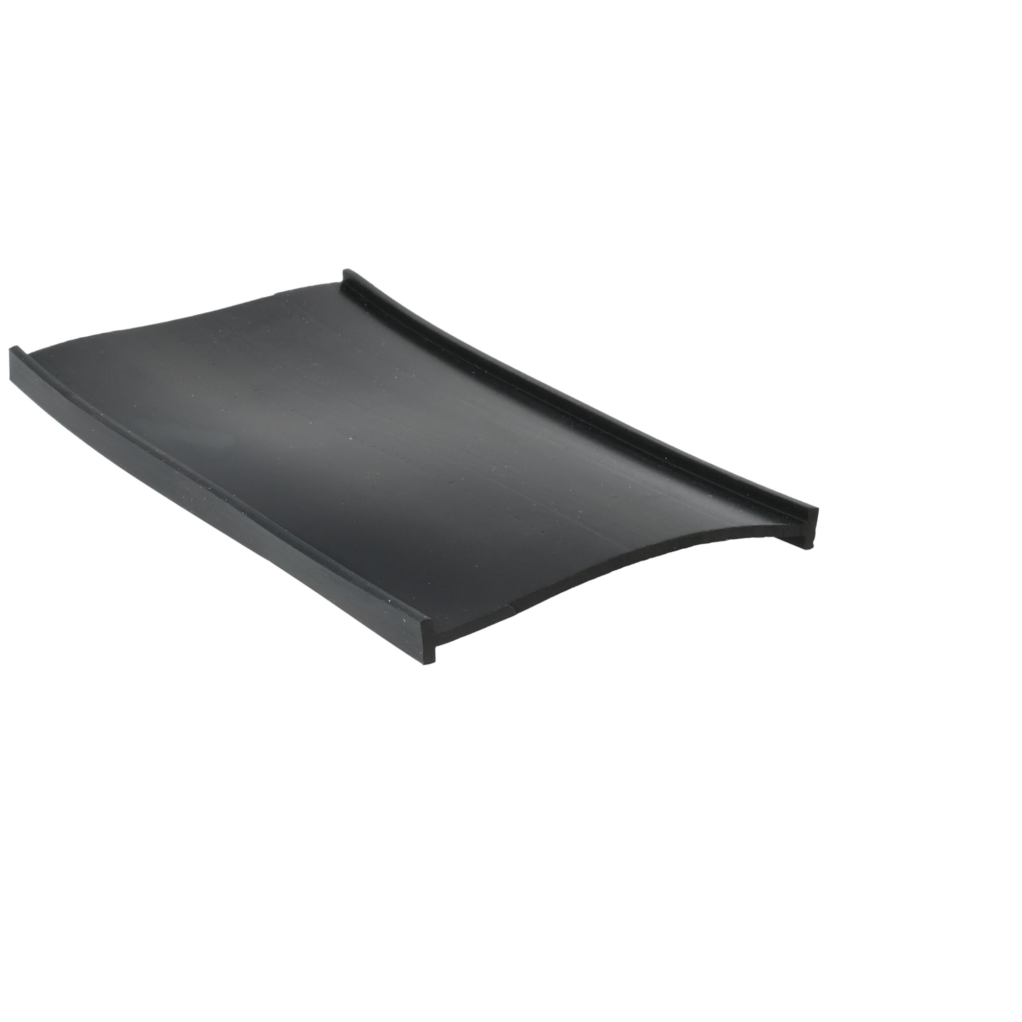 uszczelka-bramy-garazowej-dolna-wsuwana-gumowa-czarna-57-114-2 - Centrum uszczelek Close-up of a black curved plastic piece with a small edge lip against a white background