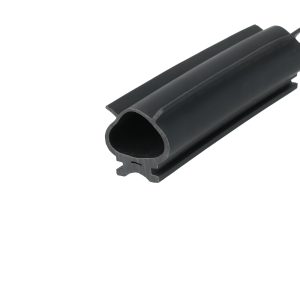 Close-up of a black rubber extrusion with a hollow U-shaped channel and ridged edges.