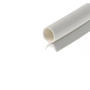 Close-up of a white cardboard toilet paper roll partially visible with a hollow core on a white surface. ￼