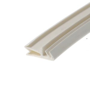 Close-up of a white plastic edge trim with a hollow U-shaped channel, diagonally oriented across a white background.