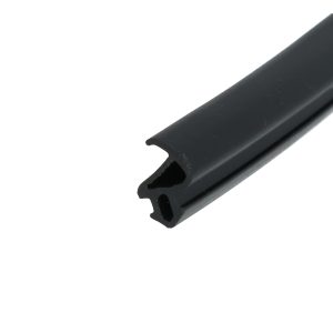 Close-up of a black metal rail with a curved notch at the end.