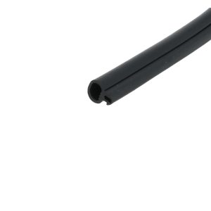 Diagonal view of two black hollow tubes with circular ends against a white background, showing interior opening