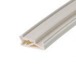 Close-up of a light gray molding trim with chipped paint at the bottom-left corner against a white background.