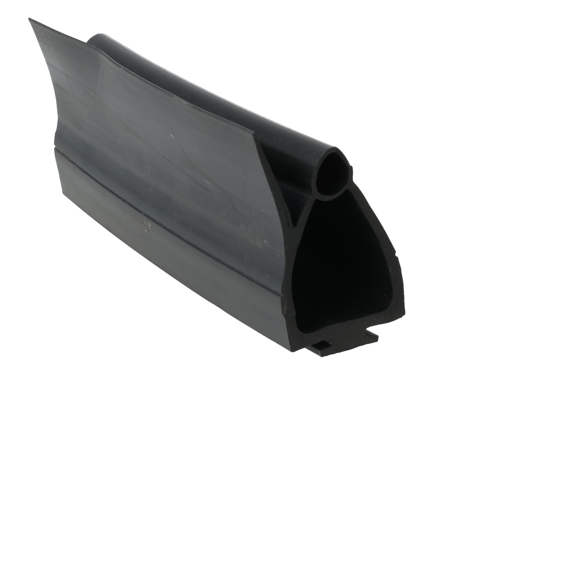 uszczelka-dolna-bramy-garazowej-z-komora-gumowa-38-x-51mm-czarna-57-117-1 - Centrum uszczelek Close-up of a black plastic extrusion with a hollow circular channel and flared tapered sides.