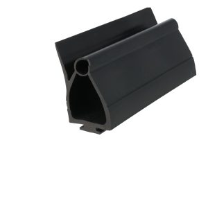 Black plastic U-channel extrusion with a hollow internal cavity, shown at an angle.