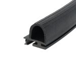 Close-up of a black rubber weatherstripping seal with a hollow circular channel, shown diagonally.
