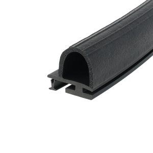 Close-up of a black rubber weatherstripping seal with a hollow circular channel, shown diagonally.