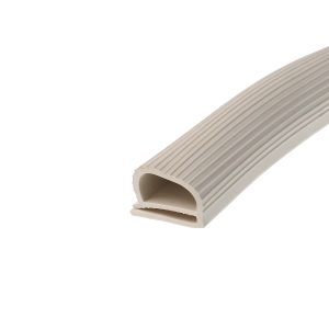Beige corrugated plastic pipe segment, cut open at the end, shown diagonally across a white background