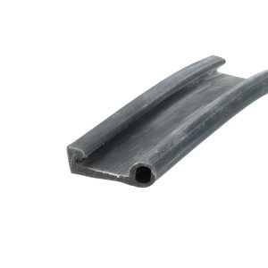 Close-up of a dark gray metal U-shaped channel with a hollow cross-section and rounded end holes.