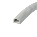 Grey corrugated plastic pipe curved across a white background, showing ribbed surface and hollow interior