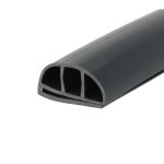 Close-up of a dark gray curved plastic tube with a circular opening and visible interior supports at the end edge.