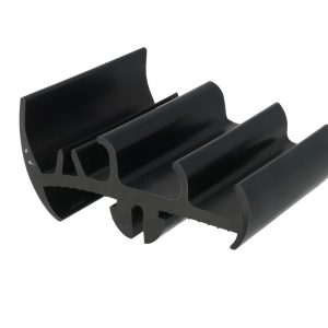 Black plastic multitier clip with several U-shaped slots, used to hold thin items like cables or rods in place.