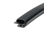 Close-up of a black rubber extrusion with a hollow center and ribbed outer surface.