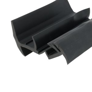 Black rubber extrusion with multiple U-shaped channels, likely a seal or gasket for a window or door.”,