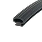 Close-up of a black ribbed rubber belt showing evenly spaced teeth along its inner edge.