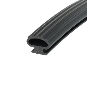Close-up of a black ribbed rubber belt showing evenly spaced teeth along its inner edge.