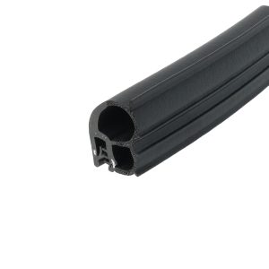 Close-up of a black, hollow rubber extrusion used as a seal or gasket, showing its hollow center and profile edge.