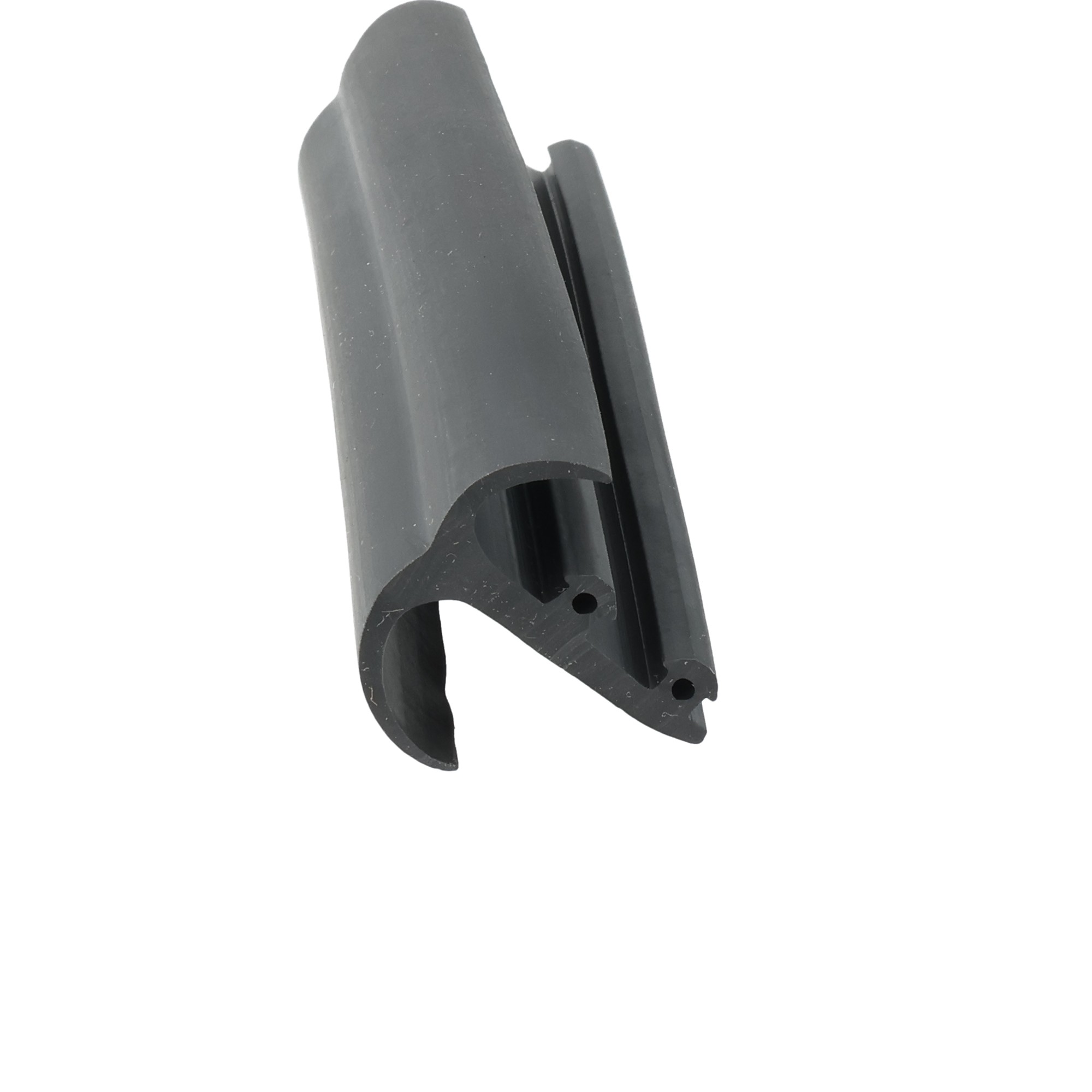 uszczelka-drzwi-naczepy-srodkowa-gumowa-czarna-12-203-01-3 - Centrum uszczelek Close-up of a black plastic clamp or mounting bracket with curved surfaces and small holes at the base.