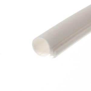 Close-up of a white cylindrical tube diagonally oriented across a white background.