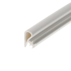 Close-up of a white plastic extrusion with a hollow cylindrical core and rounded edges.