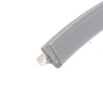 Close-up of a gray foam insulation tube, showing its hollow center and textured surface against a white background