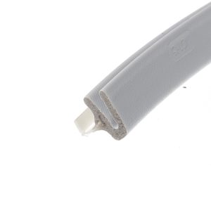 Close-up of a gray foam insulation tube, showing its hollow center and textured surface against a white background
