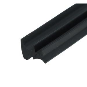 Close-up of a black extruded channel with a U-shaped cross-section and inner groove.