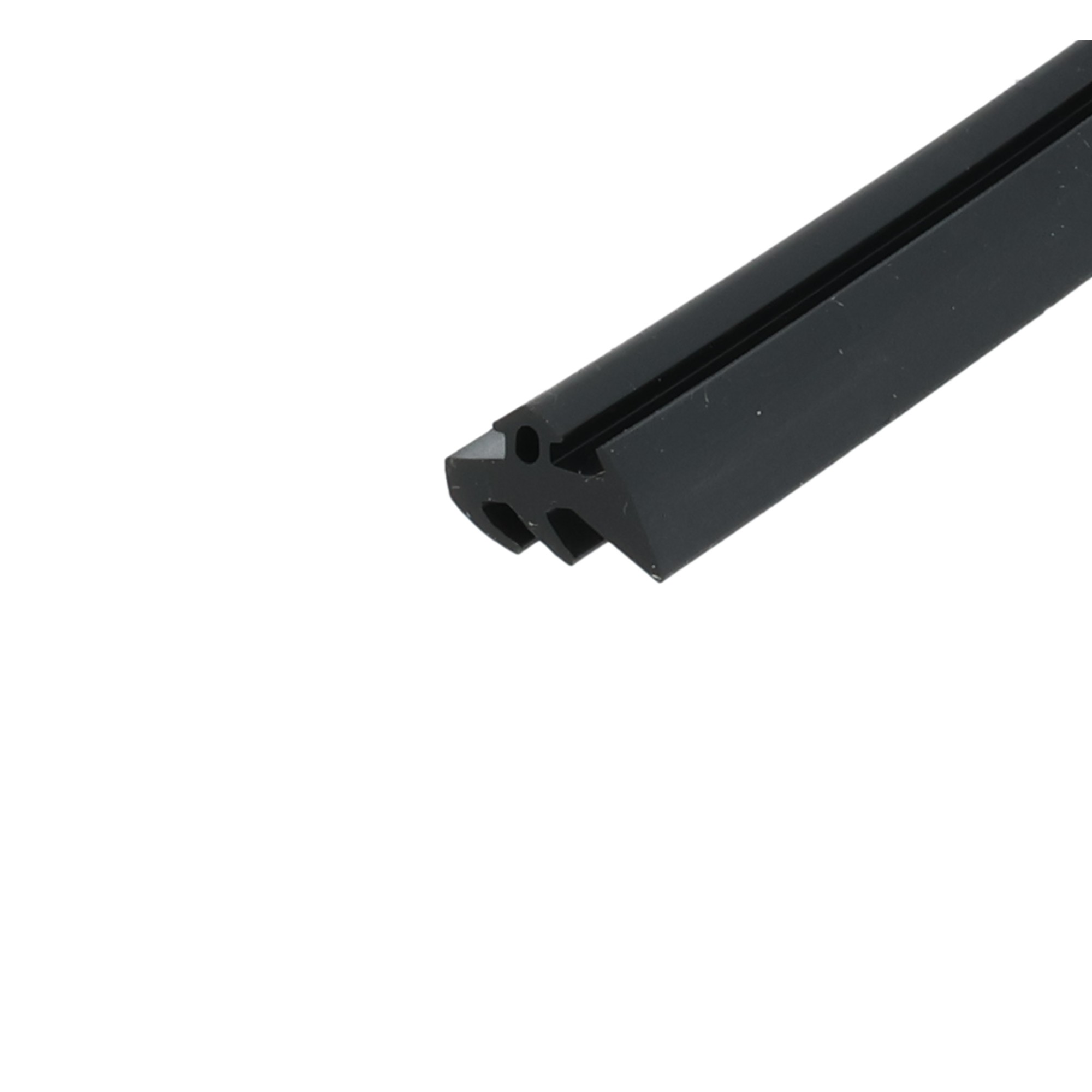 uszczelka-epdm-do-okien-pcv-s-229-12-836-3 - Centrum uszczelek Close-up of a black metal rail with a groove, diagonally oriented against a white background (T-slot style extrusion).