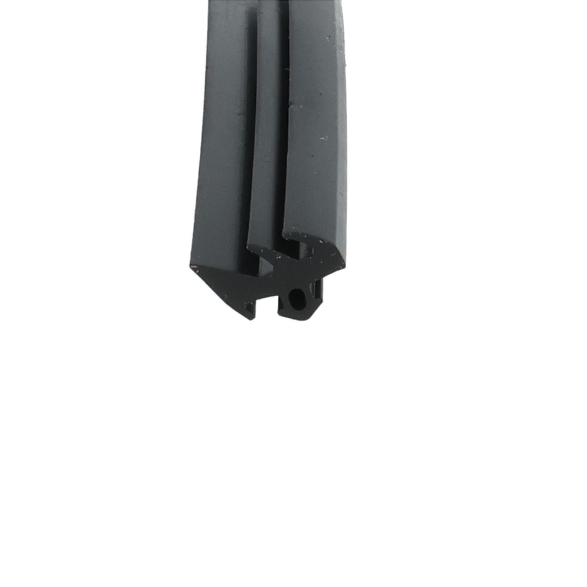 uszczelka-epdm-do-okien-pcv-s-229-12-836-5 - Centrum uszczelek Close-up of a dark metal mechanical component with vertical plates and interlocking edges against a white background.