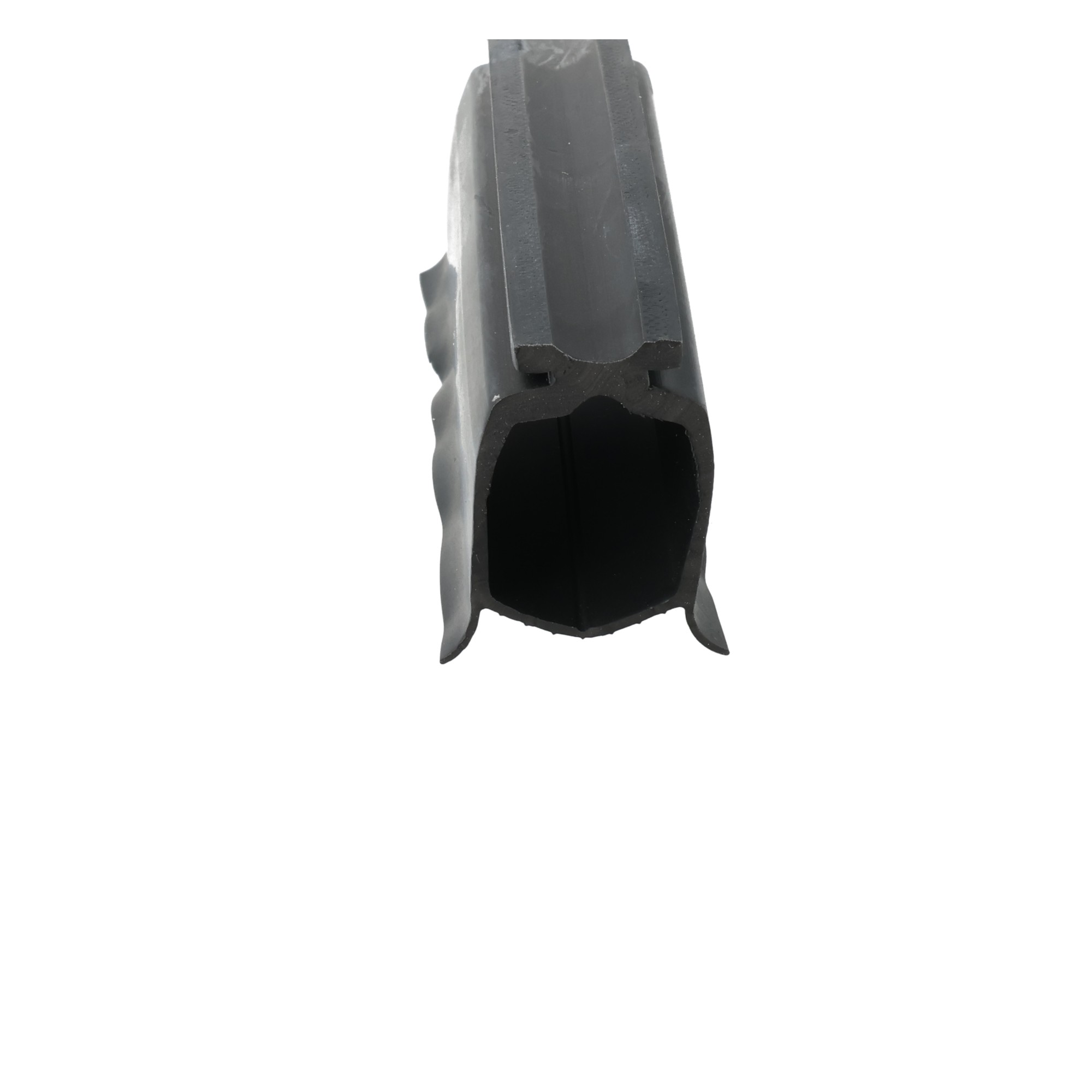 uszczelka-gumowa-dolna-bramy-garazowej-17-x-28-x-35mm-czarna-57-109-5 - Centrum uszczelek Close-up of the muzzle end of a black handgun, showing the slide and barrel opening from above.
