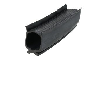 Black rubber weather seal/extrusion with a hollow rectangular cross-section and ribbed top edge