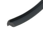 Close-up of a black curved plastic edge with a rounded tip, seen along a diagonal across a white background.