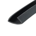 Close-up of a black curved edge or rim against a white background, with subtle wear marks on the surface.