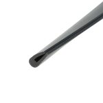 Close-up of a diagonal metal utility blade edge with a dark groove along the length.