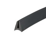 Close-up of a black curved plastic clip with a triangular notch on a white background.