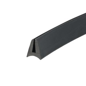 Close-up of a black curved plastic clip with a triangular notch on a white background.