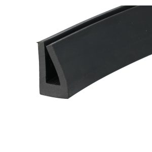 Close-up of a black metal bracket with a right-angle bend and rounded outer edge.